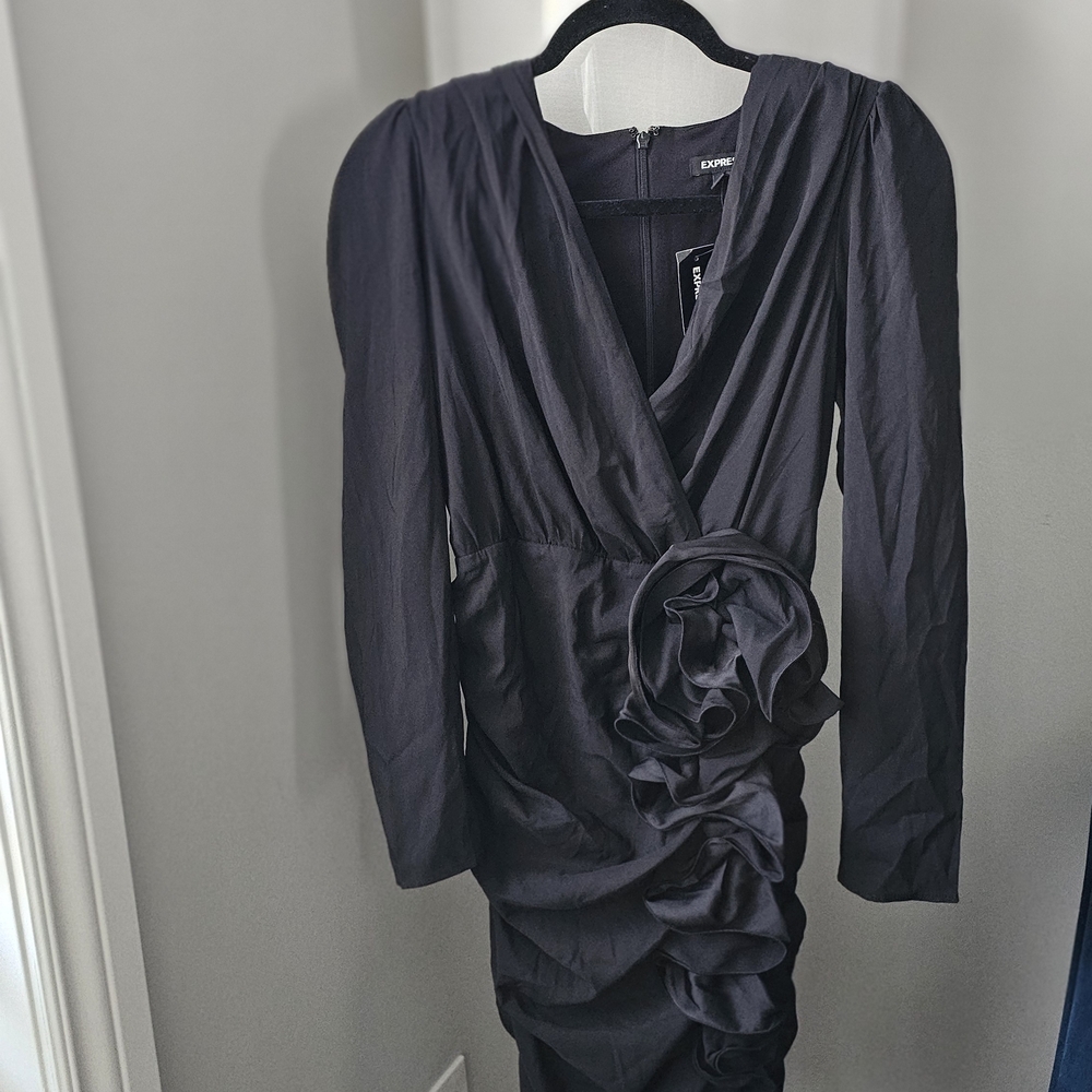 Express Black Long Sleeve Ruched Dress